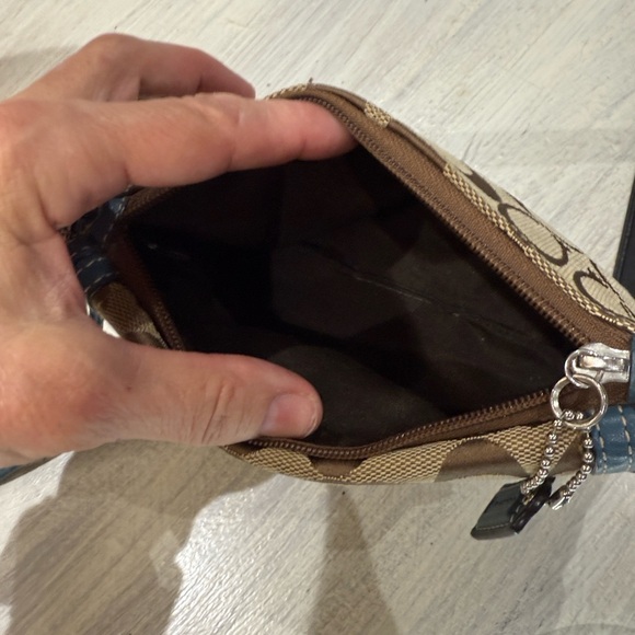 Coach Legacy Turn Lock Monogram Wristlet in Tan and Blue